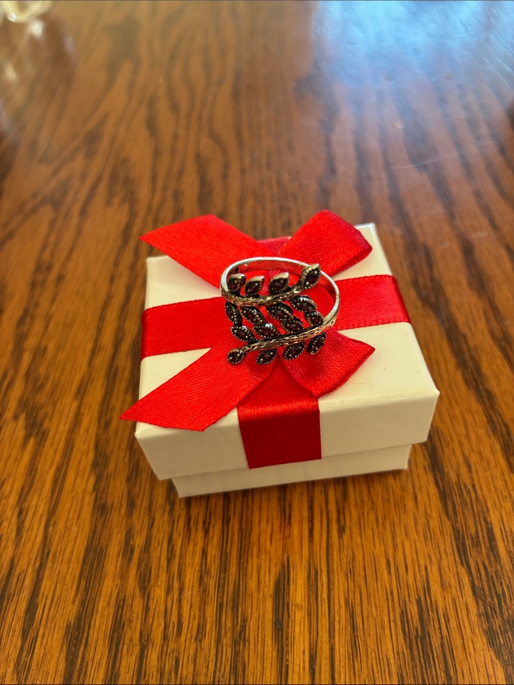 Silver Leaf Cocktail Ring on Red Ribbon Accent